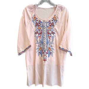 Romantic Boho Embroidered Blouse Tunic ~ soft silky pink ~ florals & vines
